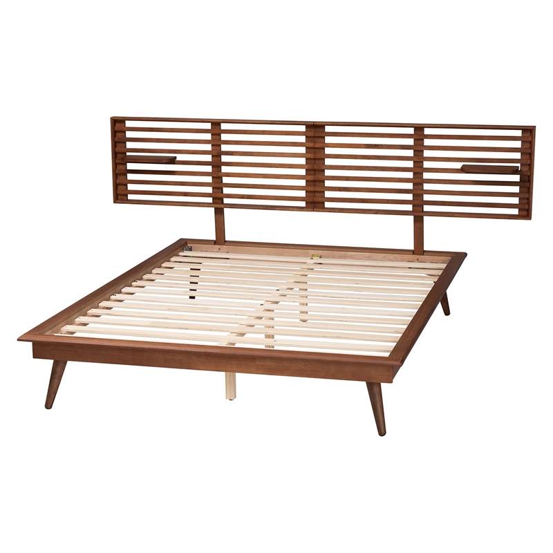 Baxton Studio Elvina Walnut Wood Queen Size Platform Bed with Built-In Shelves