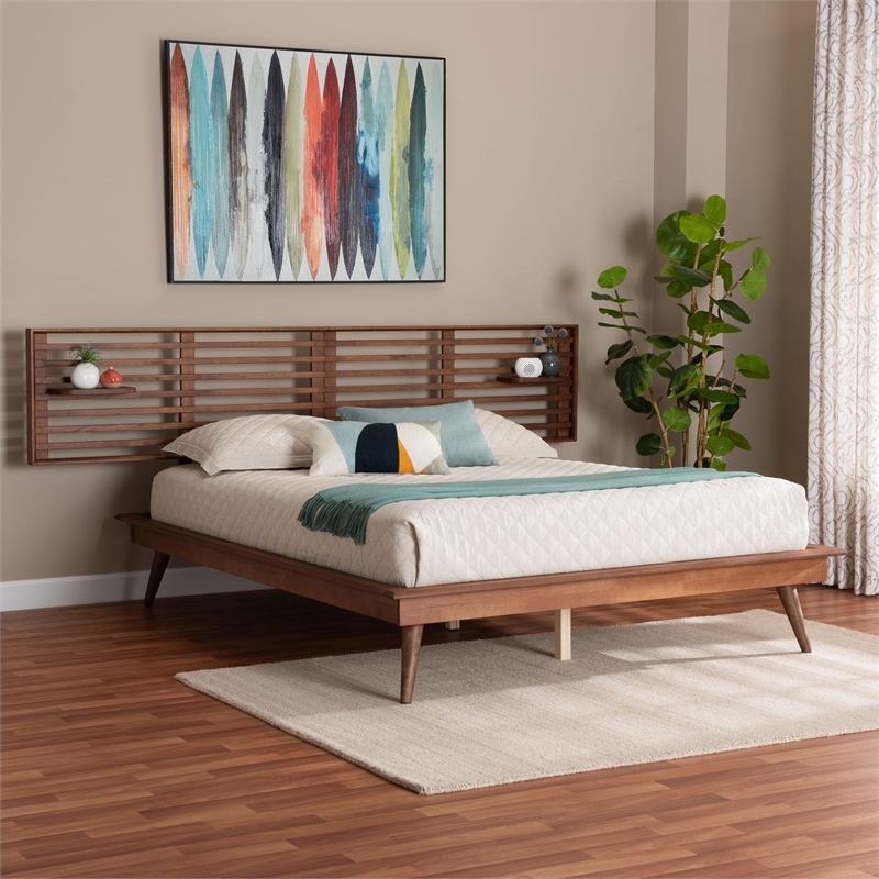 Baxton Studio Elvina Walnut Wood Queen Size Platform Bed with Built-In Shelves