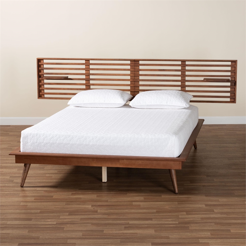 Baxton Studio Elvina Walnut Wood Queen Size Platform Bed with Built-In Shelves