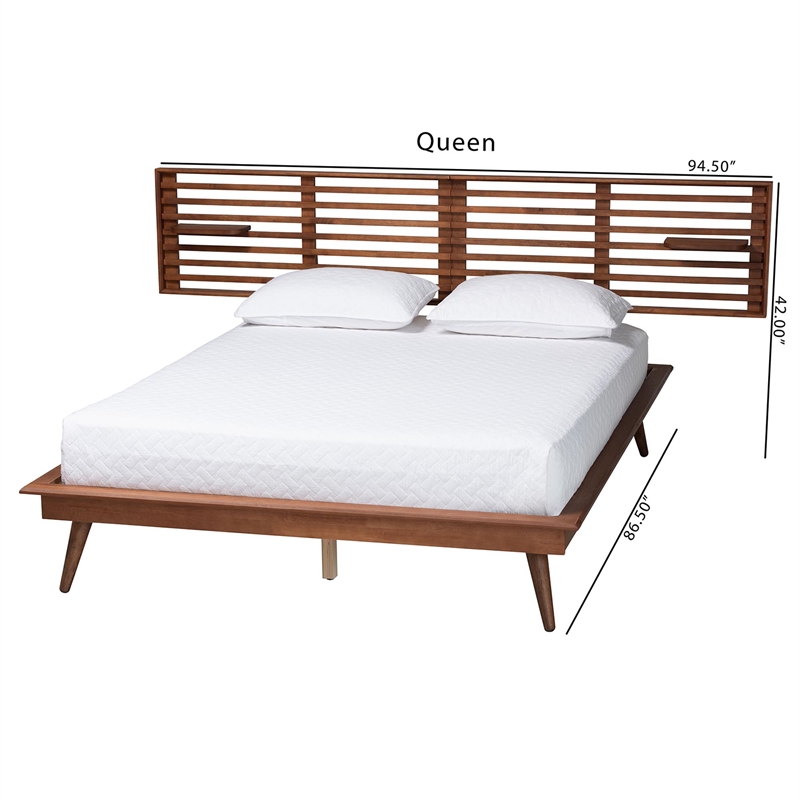 Baxton Studio Elvina Walnut Wood Queen Size Platform Bed with Built-In Shelves