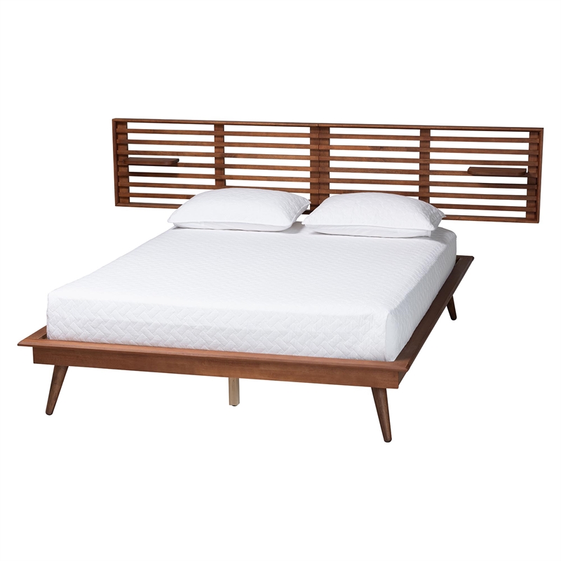 Baxton Studio Elvina Walnut Wood Queen Size Platform Bed with Built-In Shelves