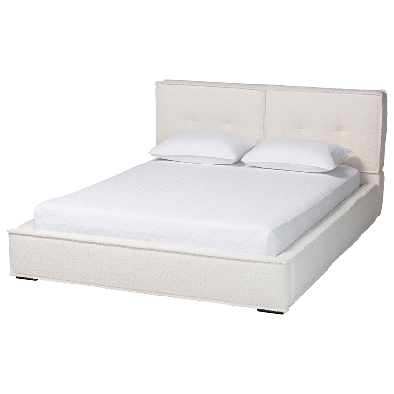 Baxton Studio Laverick Cream Boucle Queen Platform Bed with Border Piping