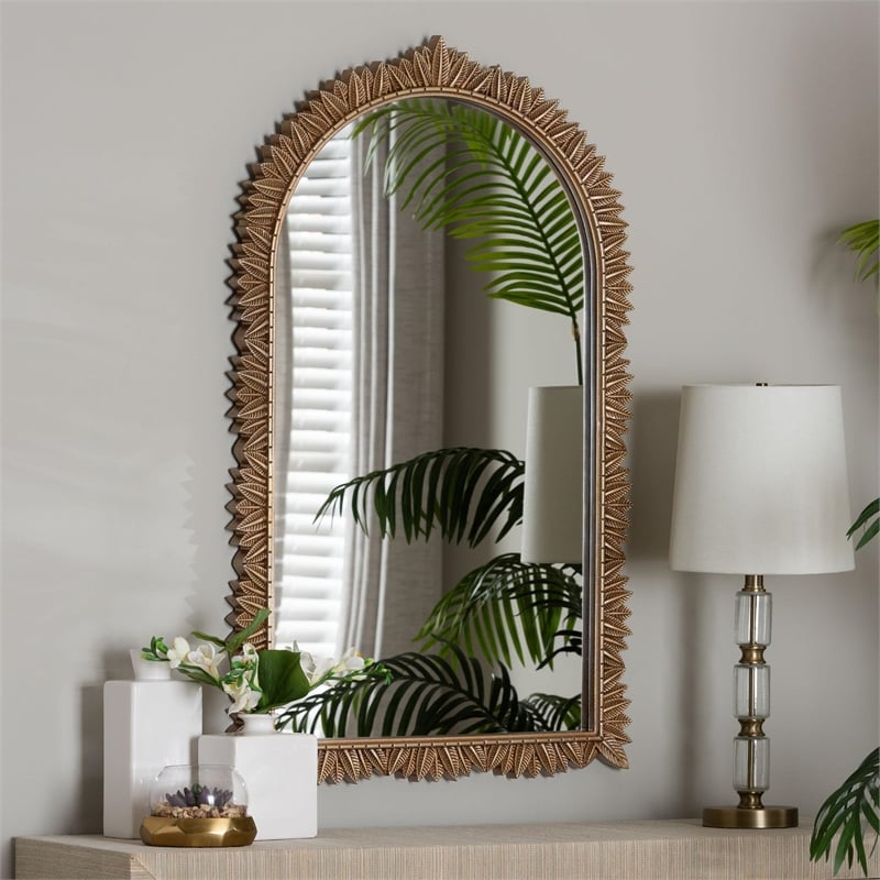 Baxton Studio Caitlin Gold Wood Arch Accent Wall Mirror with Carved Leaf Border