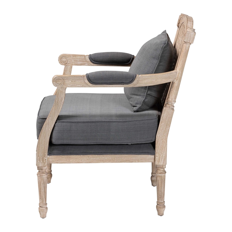 Baxton Studio Clemence Gray Fabric Whitewashed Mahogany Wood Armchair