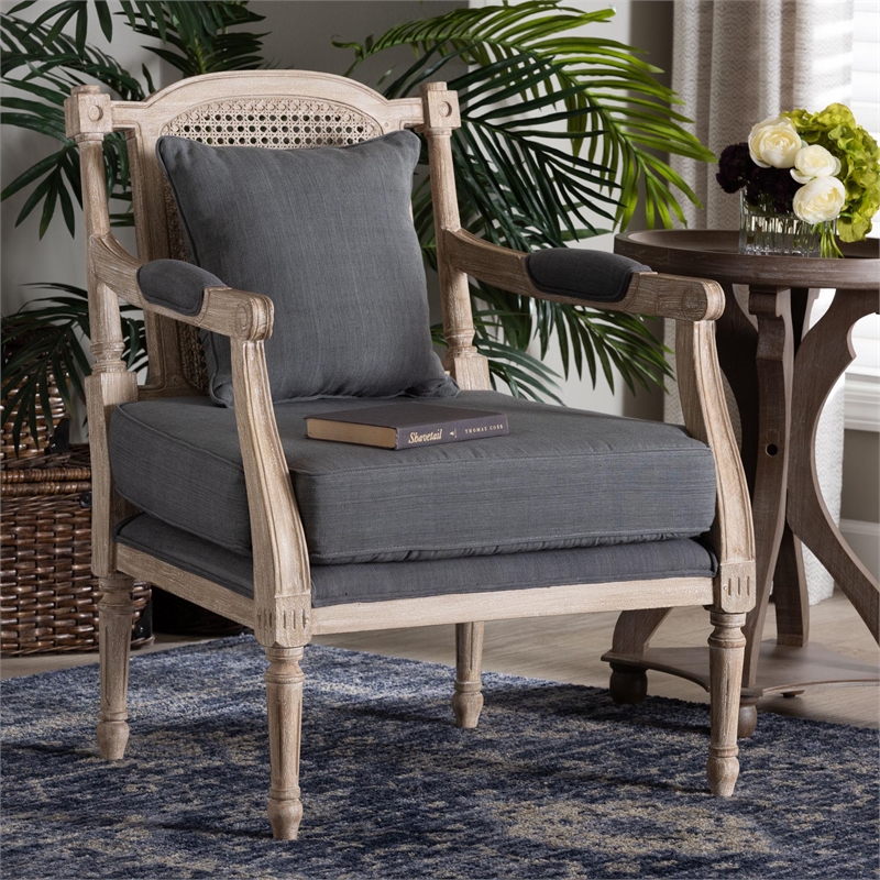 Baxton Studio Clemence Gray Fabric Whitewashed Mahogany Wood Armchair
