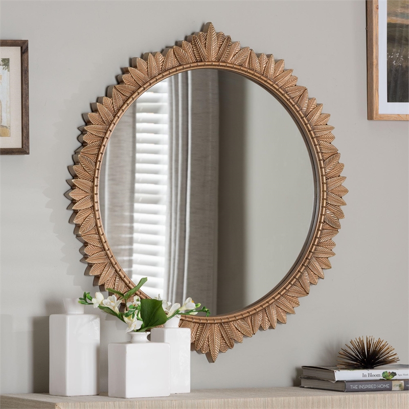 Baxton Studio Caitlin Gold Wood Accent Wall Mirror with Carved Leaf Border