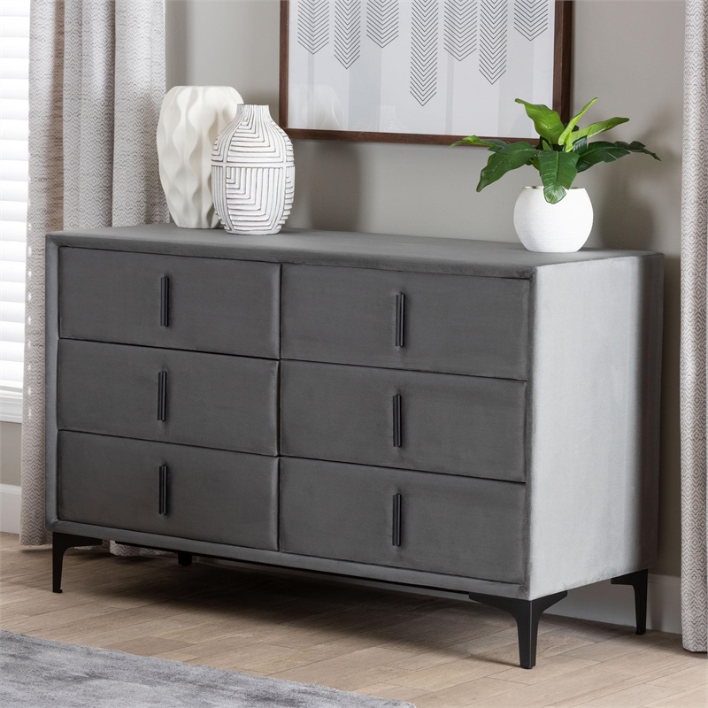 Baxton Studio Etienne Modern Slate Gray Velvet 6-Drawer Dresser