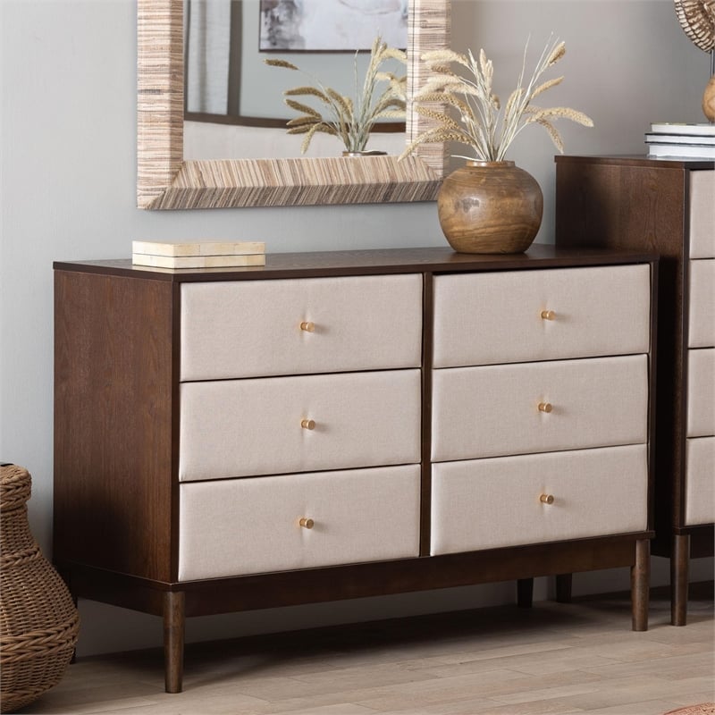 Baxton Studio Nikolai Beige Fabric and Wenge Brown Wood 6-Drawer Dresser