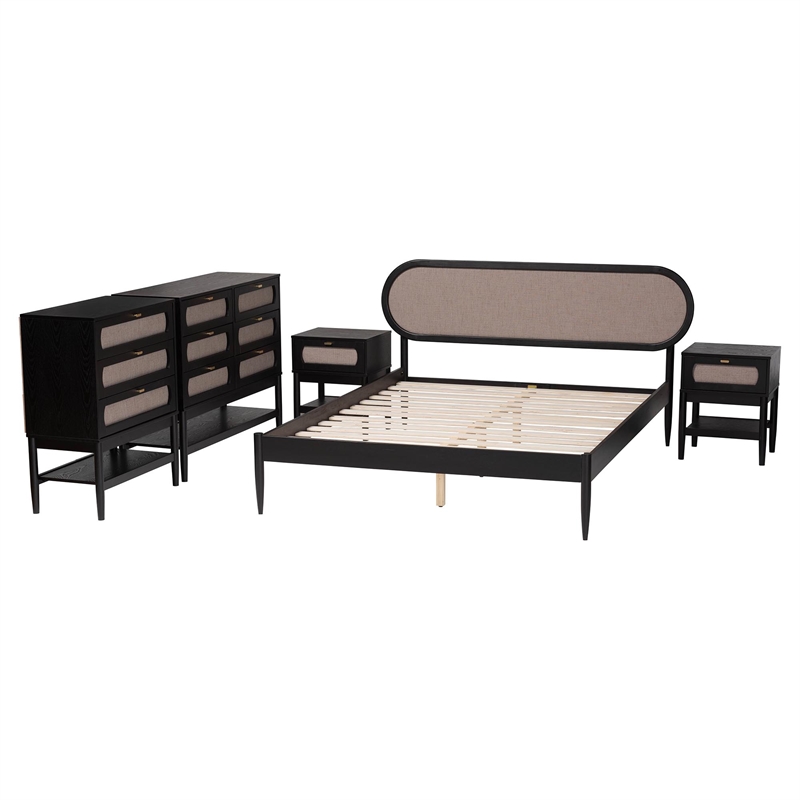 Baxton Studio Shirin Beige Fabric and Black Wood Queen 5-Piece Bedroom Set