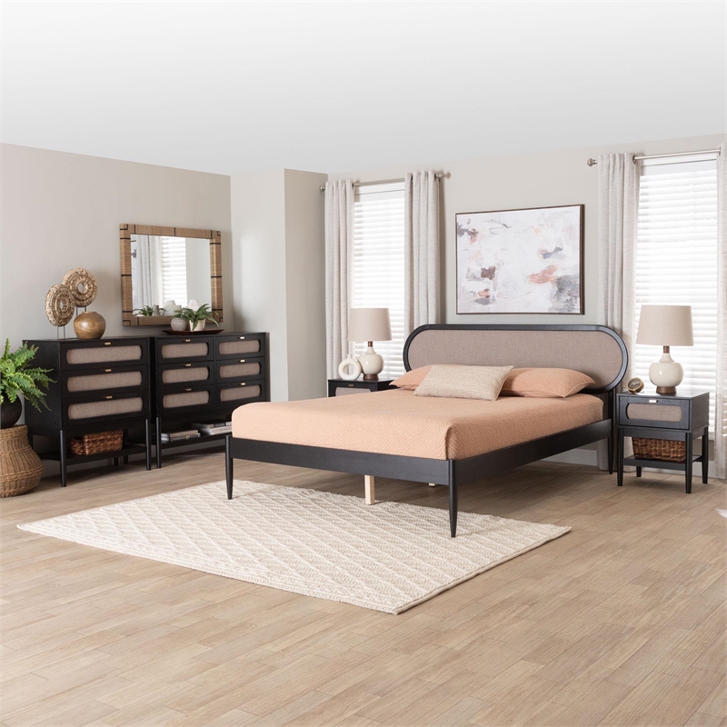 Baxton Studio Shirin Beige Fabric and Black Wood Queen 5-Piece Bedroom Set