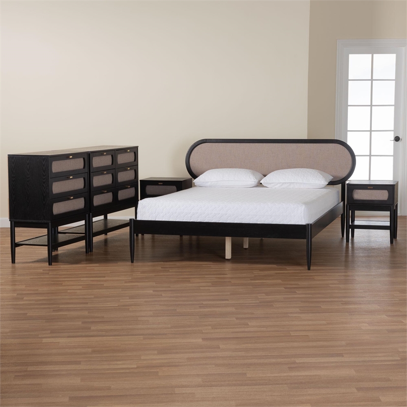 Baxton Studio Shirin Beige Fabric and Black Wood Queen 5-Piece Bedroom Set