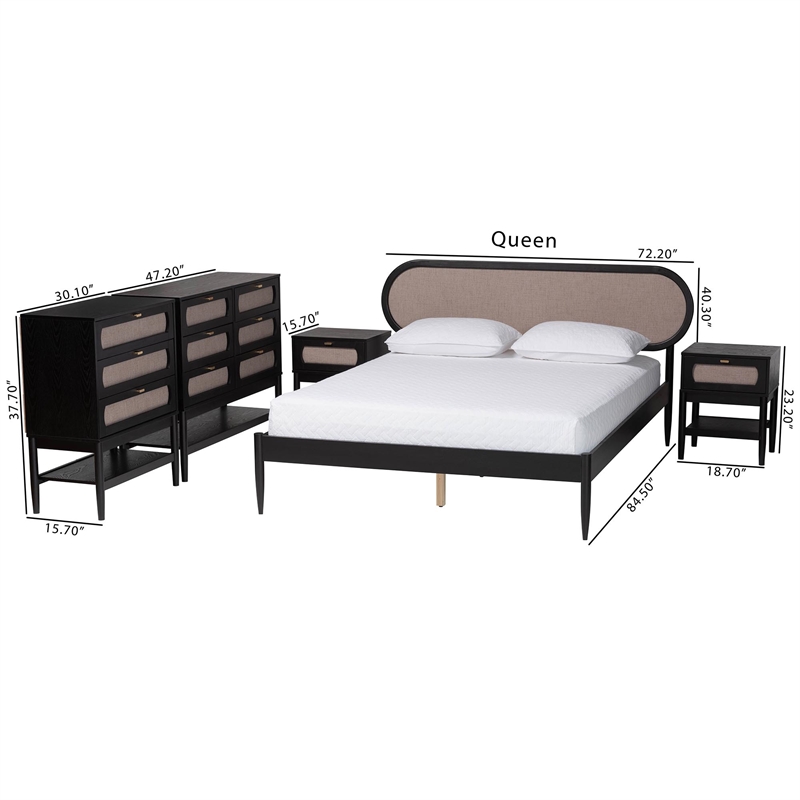 Baxton Studio Shirin Beige Fabric and Black Wood Queen 5-Piece Bedroom Set