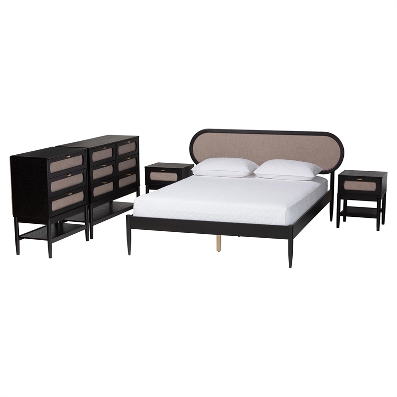 Baxton Studio Shirin Beige Fabric and Black Wood Queen 5-Piece Bedroom Set