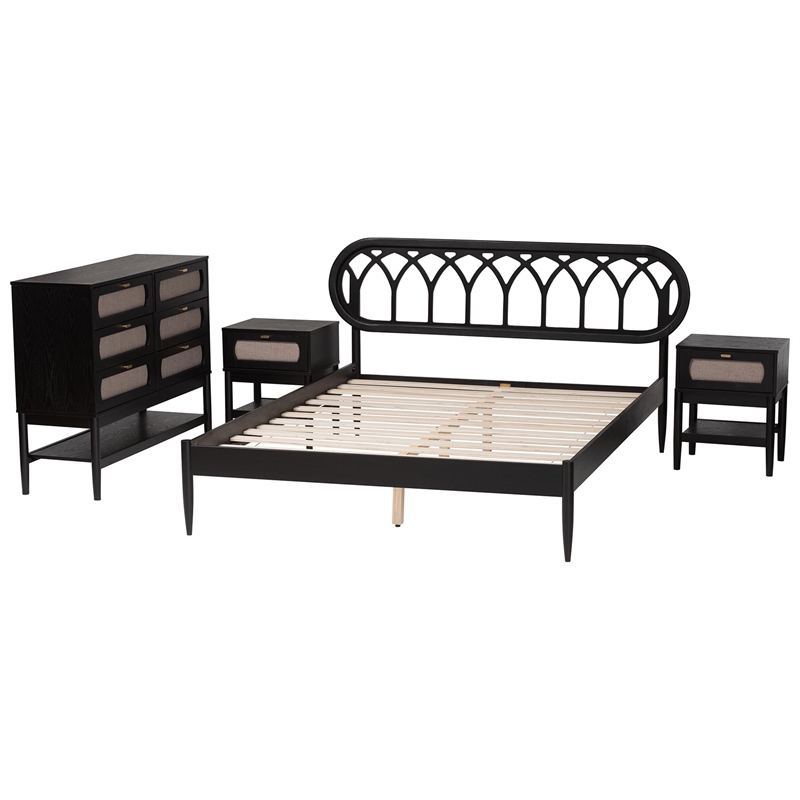 Baxton Studio Florica Art Deco Black Wood Queen 4-Piece Bedroom Set