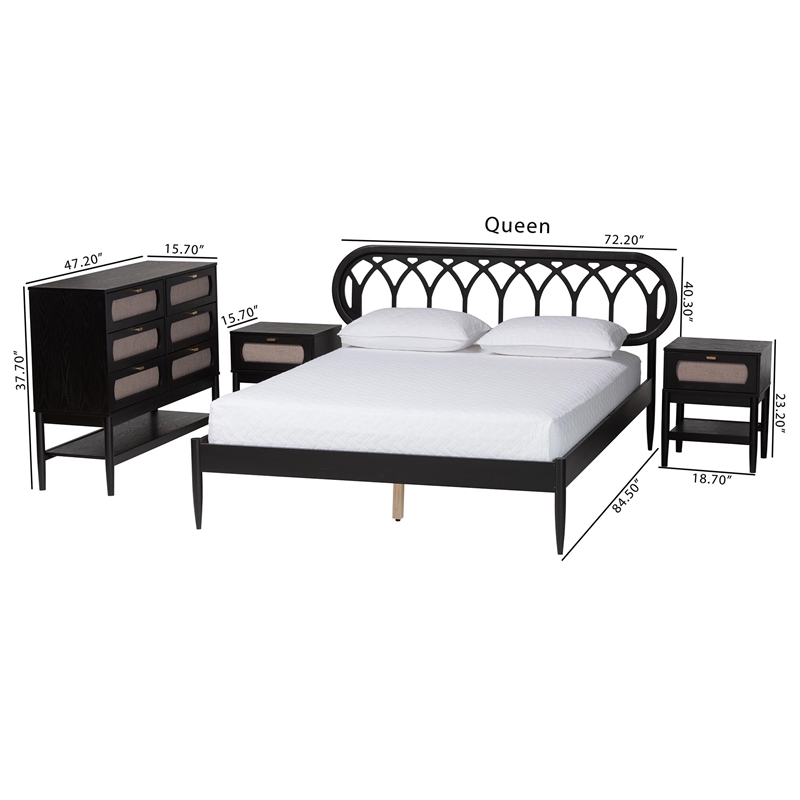 Baxton Studio Florica Art Deco Black Wood Queen 4-Piece Bedroom Set