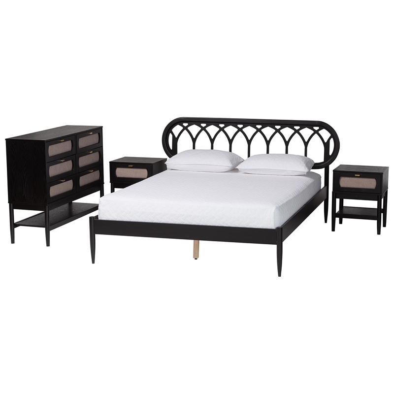 Baxton Studio Florica Art Deco Black Wood Queen 4-Piece Bedroom Set