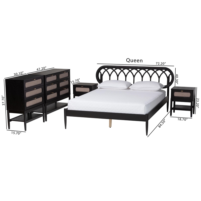 Baxton Studio Florica Art Deco Black Wood Queen 5-Piece Bedroom Set