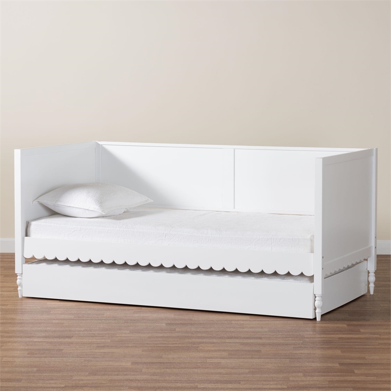 Baxton Studio Roni Modern White Scalloped Wood Twin Daybed with Trundle