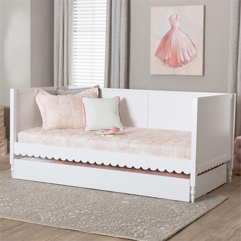 Baxton Studio Roni Modern White Scalloped Wood Twin Daybed with Trundle