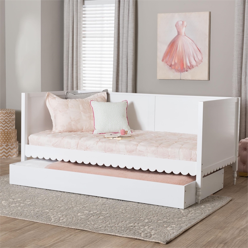 Baxton Studio Roni Modern White Scalloped Wood Twin Daybed with Trundle