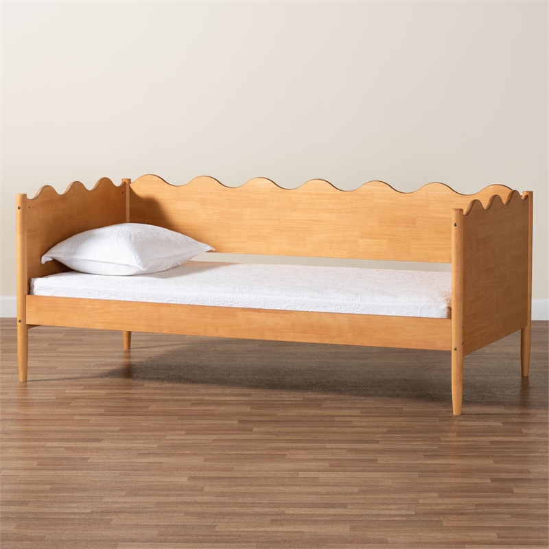 Baxton Studio Malaya Modern Oak Brown Wood Full Daybed with Scalloped Edges