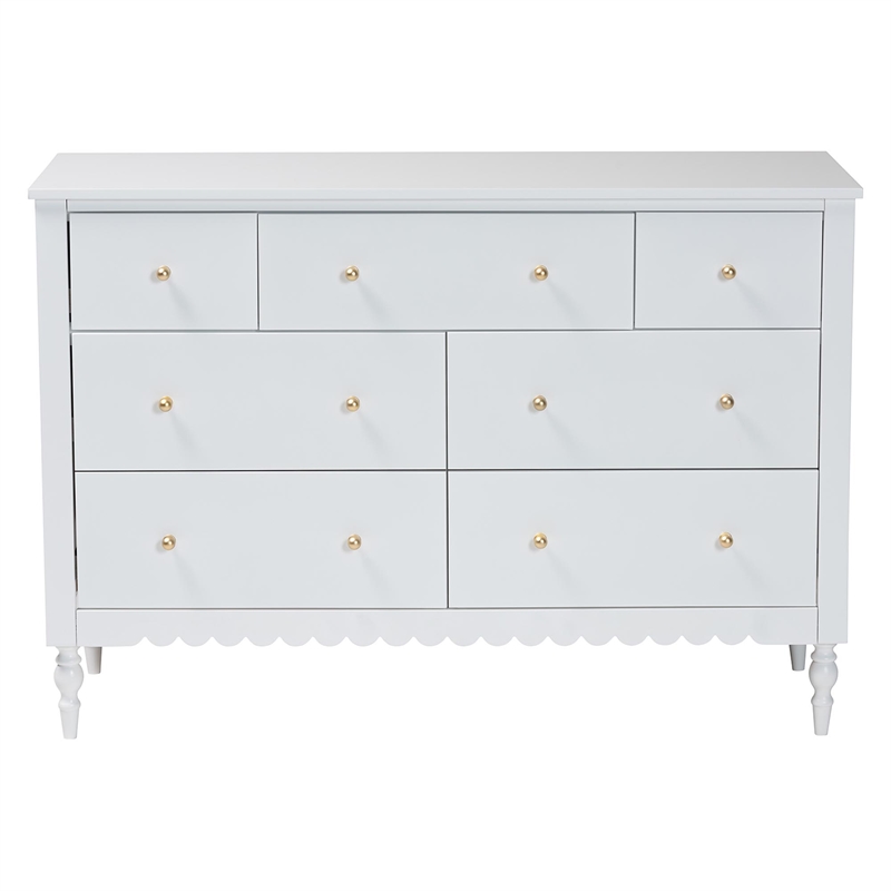 Baxton Studio Roni Modern White Wood 7-Drawer Dresser with Scalloped Edges