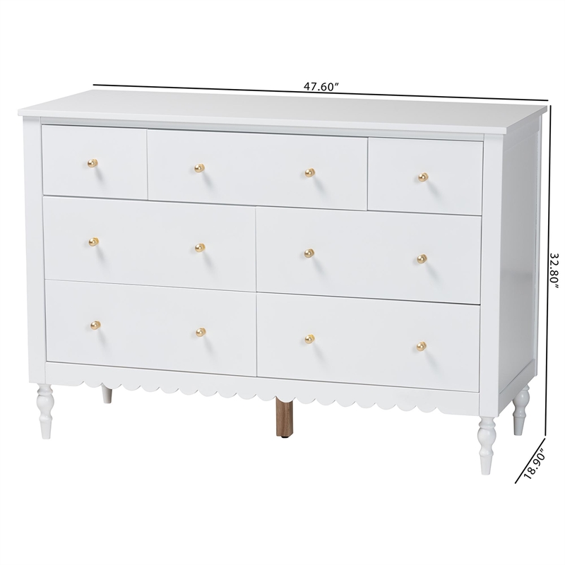 Baxton Studio Roni Modern White Wood 7-Drawer Dresser with Scalloped Edges