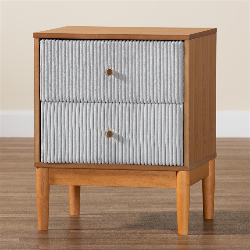 Baxton Studio Taylin Gray Corduroy and Oak Brown Wood 2-Drawer Nightstand