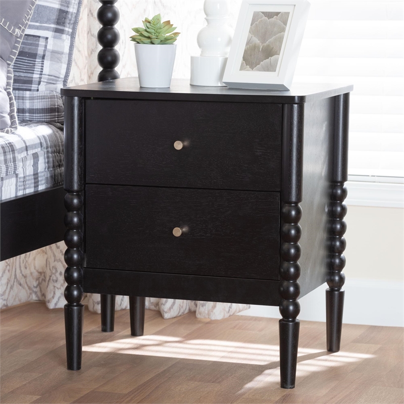 Baxton Studio Lucera Mid-Century Black 2-Drawer Bobbin Nightstand
