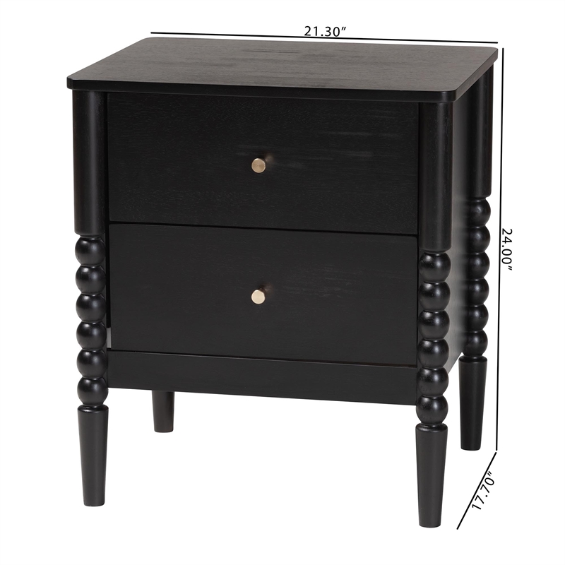 Baxton Studio Lucera Mid-Century Black 2-Drawer Bobbin Nightstand