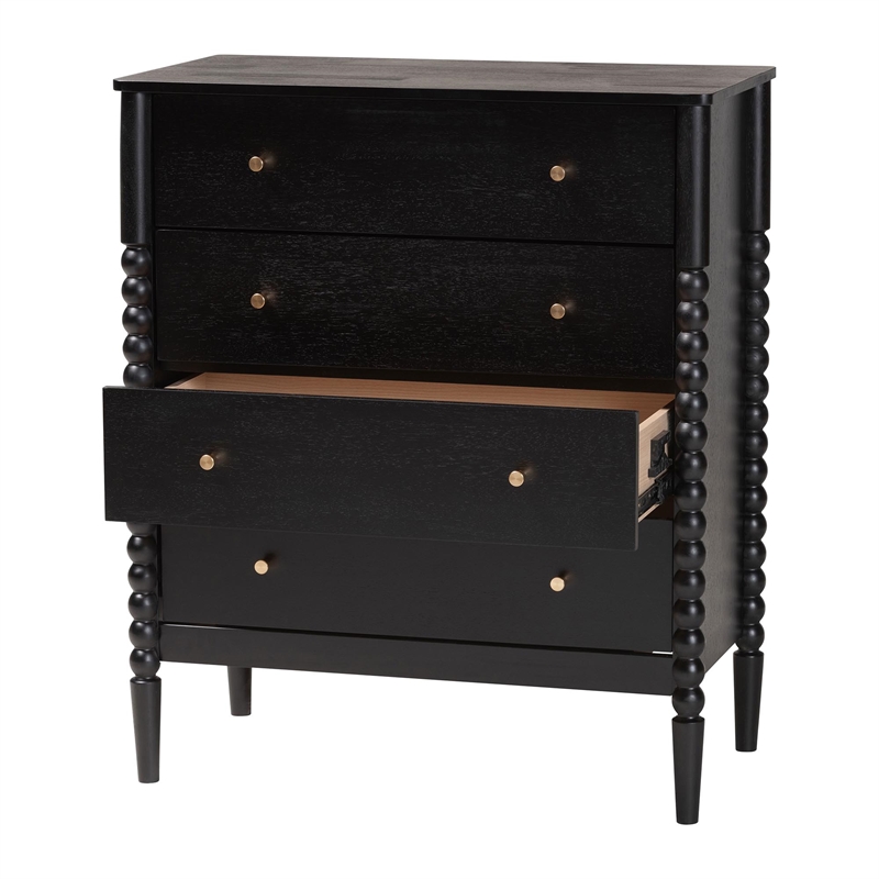 Baxton Studio Lucera Mid-Century Black Bobbin Wood 4-Drawer Chest