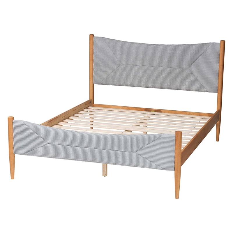 Baxton Studio Taylin Mid-Century Gray Corduroy and Oak Brown Wood Queen Bed