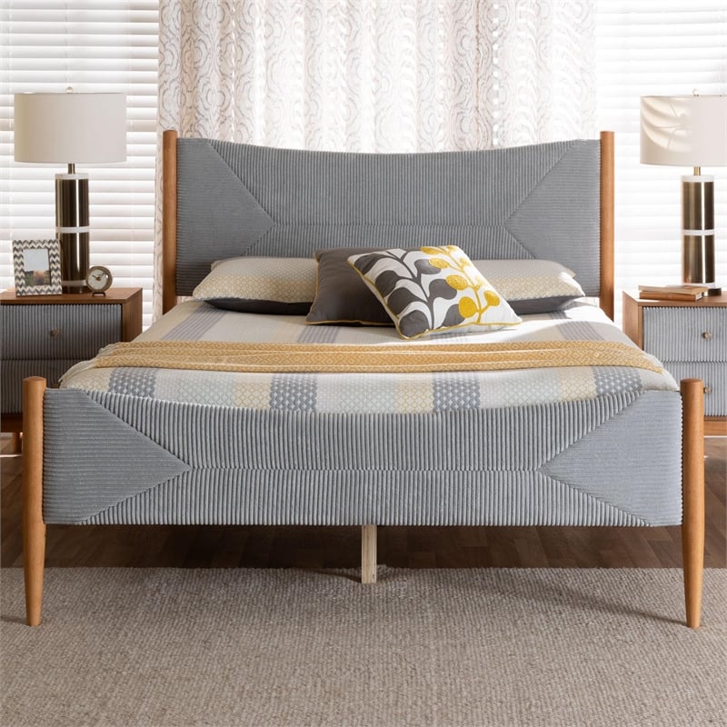 Baxton Studio Taylin Mid-Century Gray Corduroy and Oak Brown Wood Queen Bed