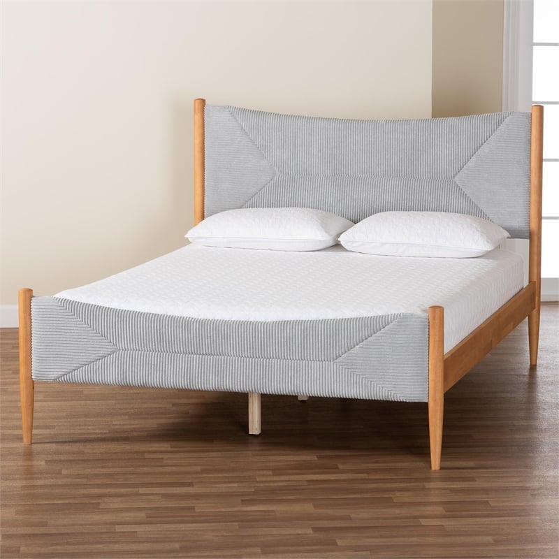 Baxton Studio Taylin Mid-Century Gray Corduroy and Oak Brown Wood Queen Bed
