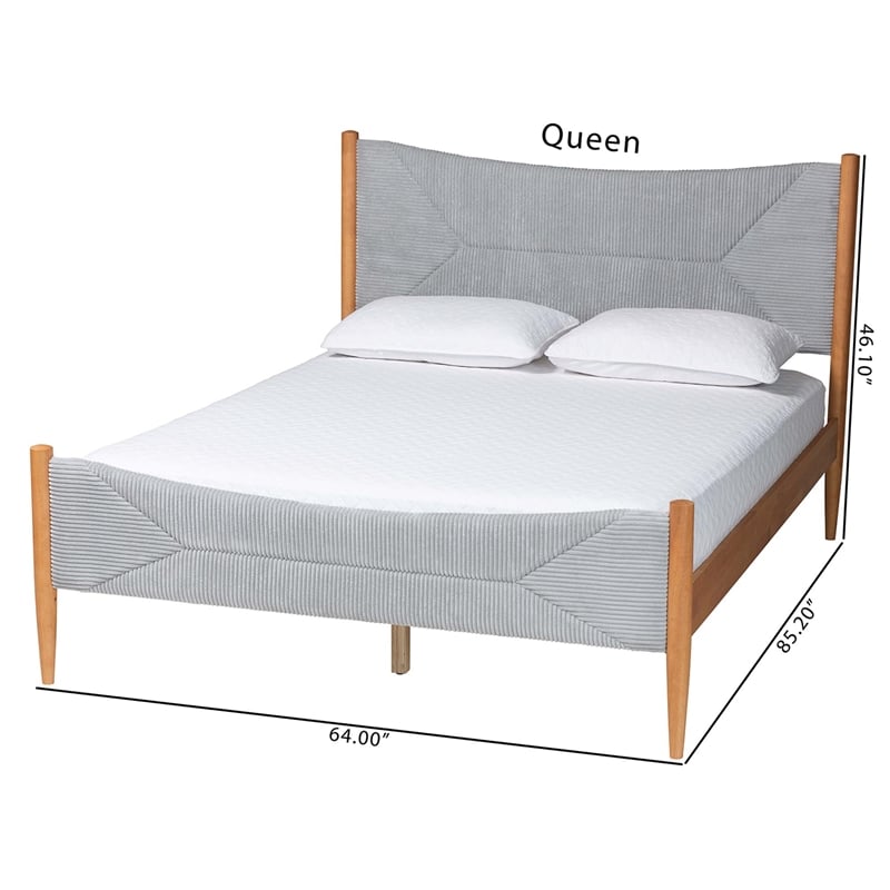 Baxton Studio Taylin Mid-Century Gray Corduroy and Oak Brown Wood Queen Bed