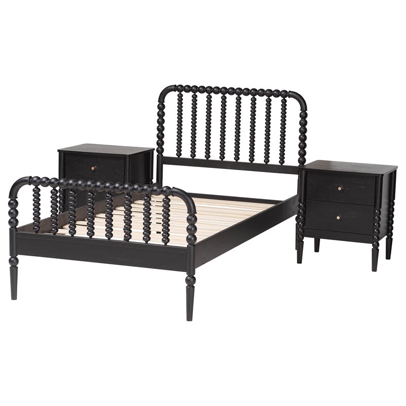Baxton Studio Lucera Mid-Century Black Twin Size 3-Piece Bobbin Bedroom Set