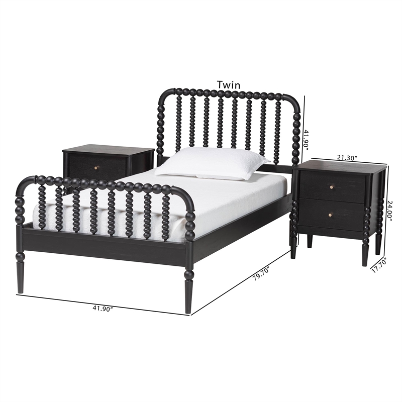 Baxton Studio Lucera Mid-Century Black Twin Size 3-Piece Bobbin Bedroom Set