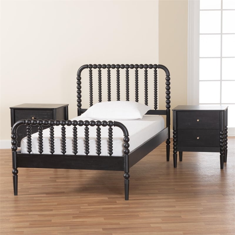 Baxton Studio Lucera Mid-Century Black Full Size 3-Piece Bobbin Bedroom Set