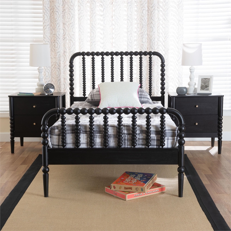 Baxton Studio Lucera Mid-Century Black Full Size 3-Piece Bobbin Bedroom Set