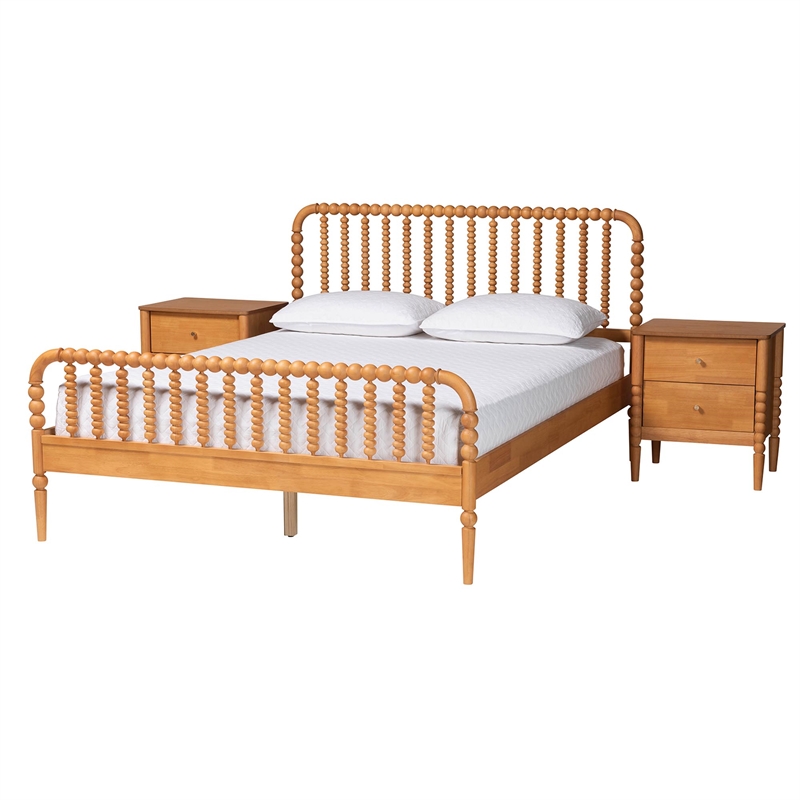 Baxton Studio Lucera Oak Brown Queen Size 3-Piece Bobbin Bedroom Set