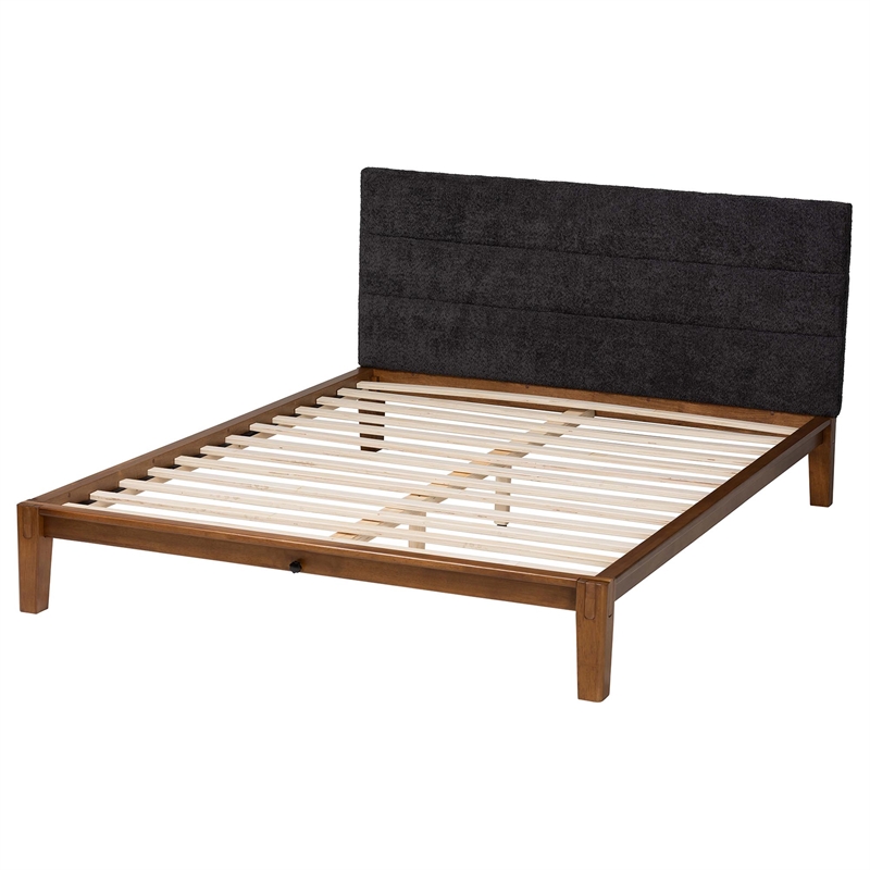 Baxton Studio Mariette Dark Gray Teddy Fabric and Walnut Brown Wood Queen Bed