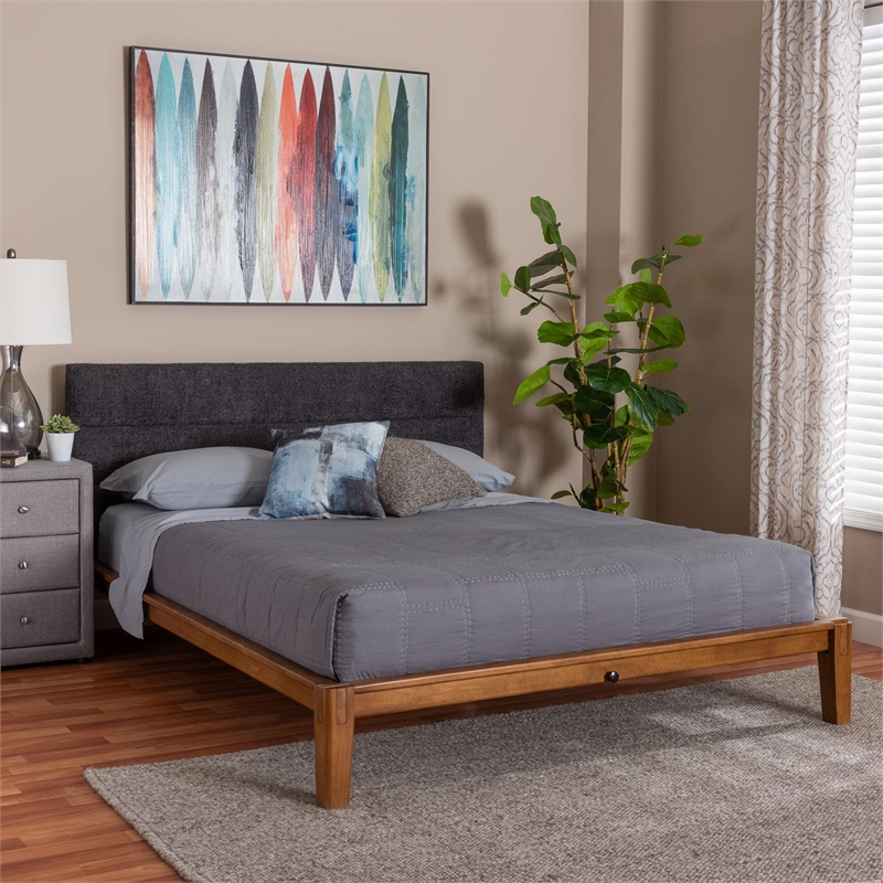 Baxton Studio Mariette Dark Gray Teddy Fabric and Walnut Brown Wood Queen Bed