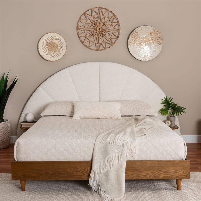 Baxton Studio Bernice Japandi Cream Boucle and Walnut Brown Wood Queen Bed