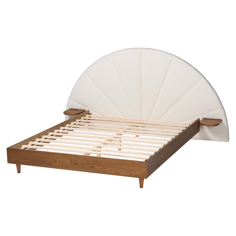 Baxton Studio Bernice Japandi Cream Boucle and Walnut Brown Wood King Bed