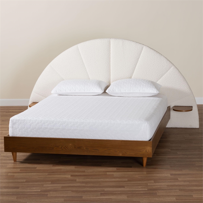 Baxton Studio Bernice Japandi Cream Boucle and Walnut Brown Wood King Bed