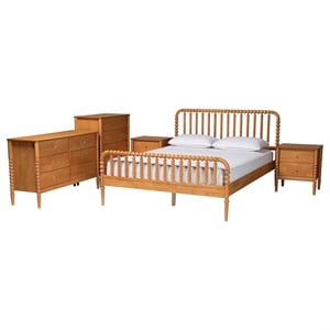 Baxton Studio Lucera Oak Brown Queen Size 5-Piece Bobbin Bedroom Set