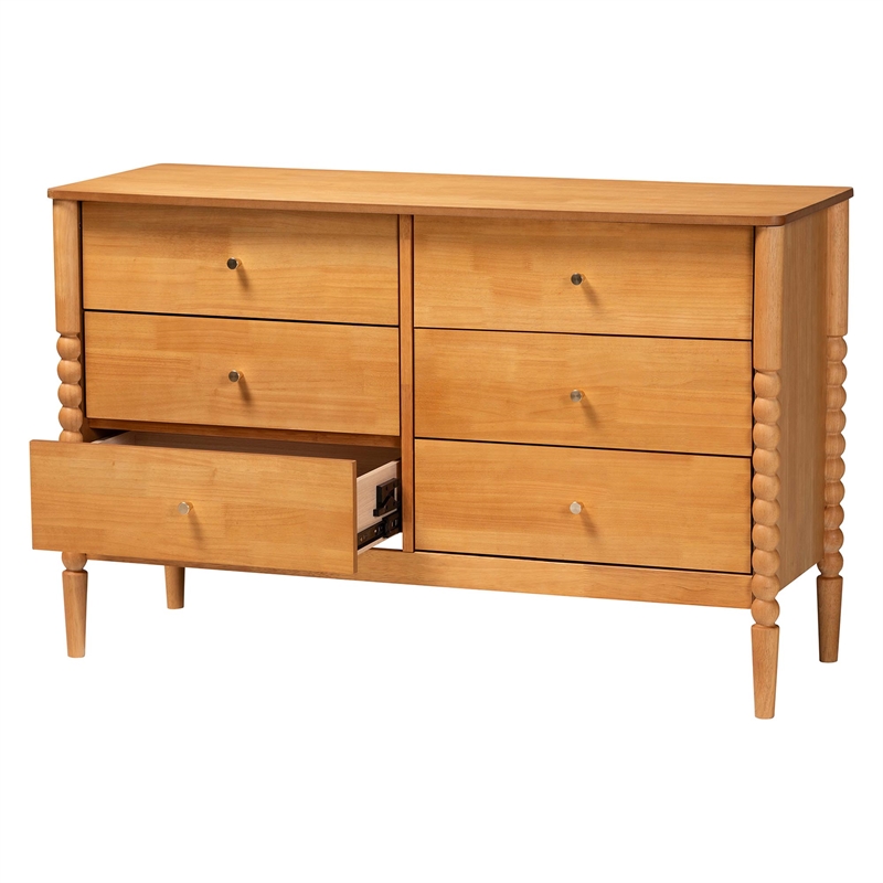 Baxton Studio Lucera Mid-Century Oak Brown Bobbin Wood 6-Drawer Dresser
