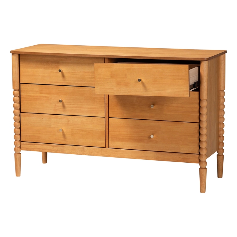 Baxton Studio Lucera Mid-Century Oak Brown Bobbin Wood 6-Drawer Dresser