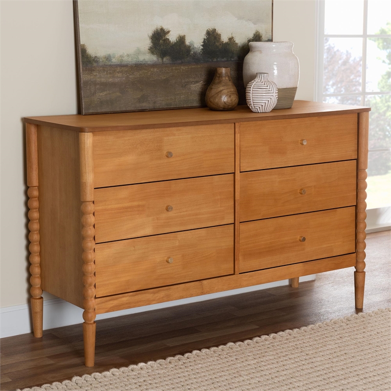 Baxton Studio Lucera Mid-Century Oak Brown Bobbin Wood 6-Drawer Dresser