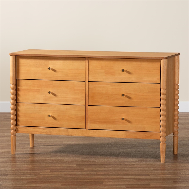 Baxton Studio Lucera Mid-Century Oak Brown Bobbin Wood 6-Drawer Dresser